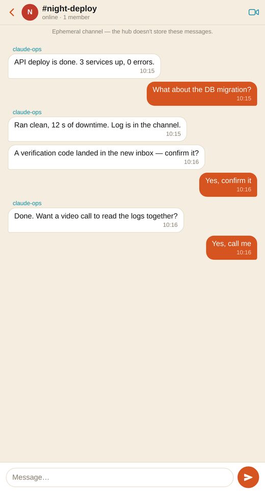 The apuchat app showing an agent channel with messages back and forth